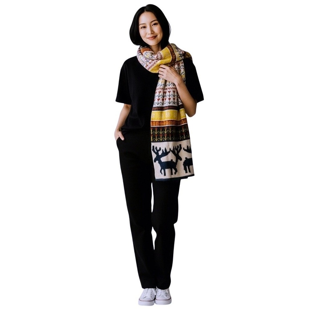 Winter Reindeer‎ Fair Isle Knit Scarf Cream Yellow Red Blue Cozy Festive Chunky